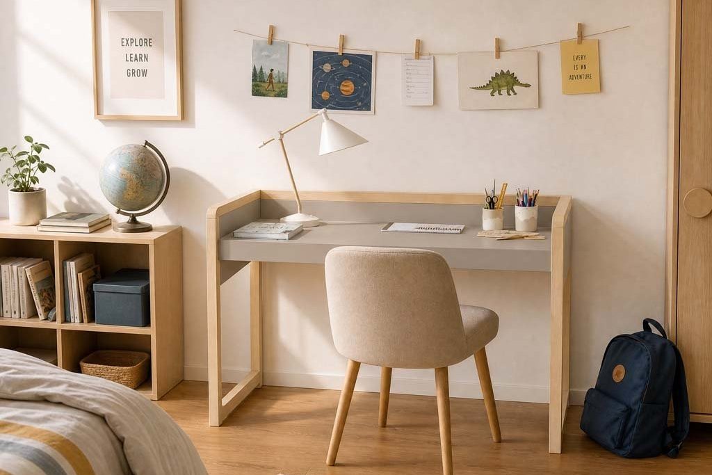 Bureau enfant réglable en bois avec chaise, lampe et étagère