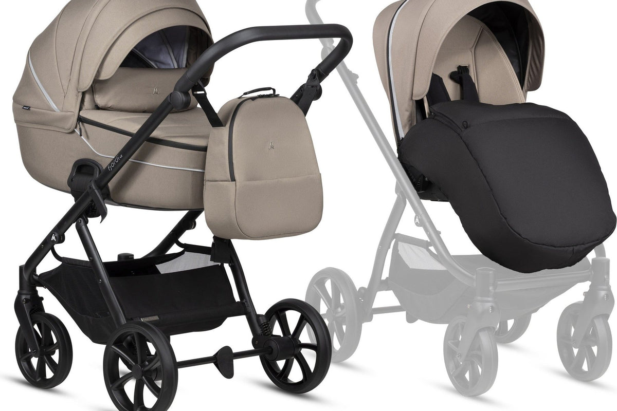 Poussette 2 en 1 taupe montrée avec sa nacelle et en version siège avec chancelière