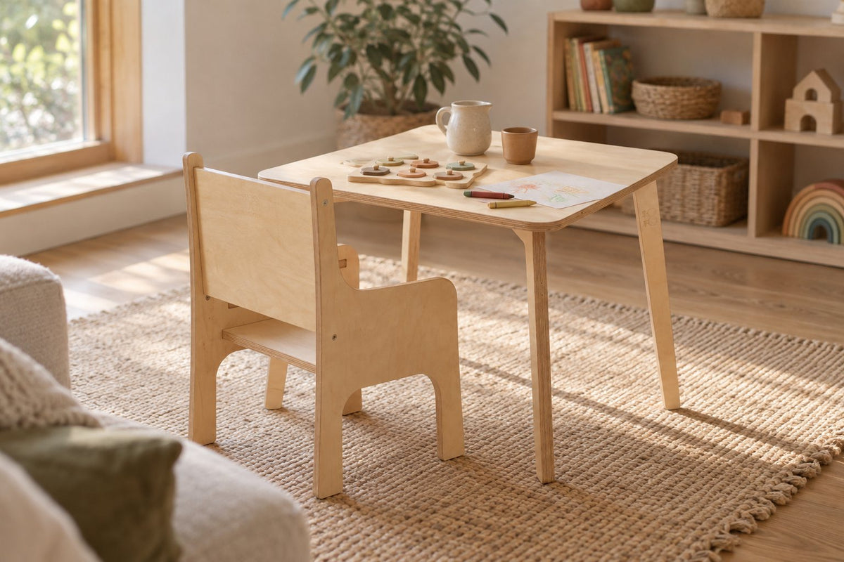 Table et chaise enfant en bois naturel dans une salle de jeu