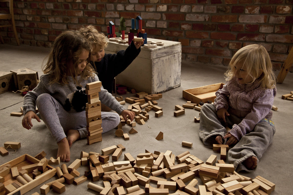 Des enfants construisent avec des cubes en bois Wooden Story