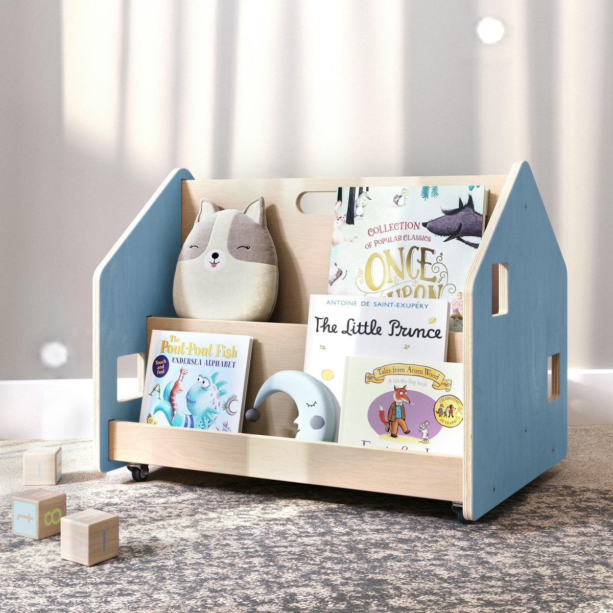 Bibliothèque double face à roulettes BusyKids, bleu clair