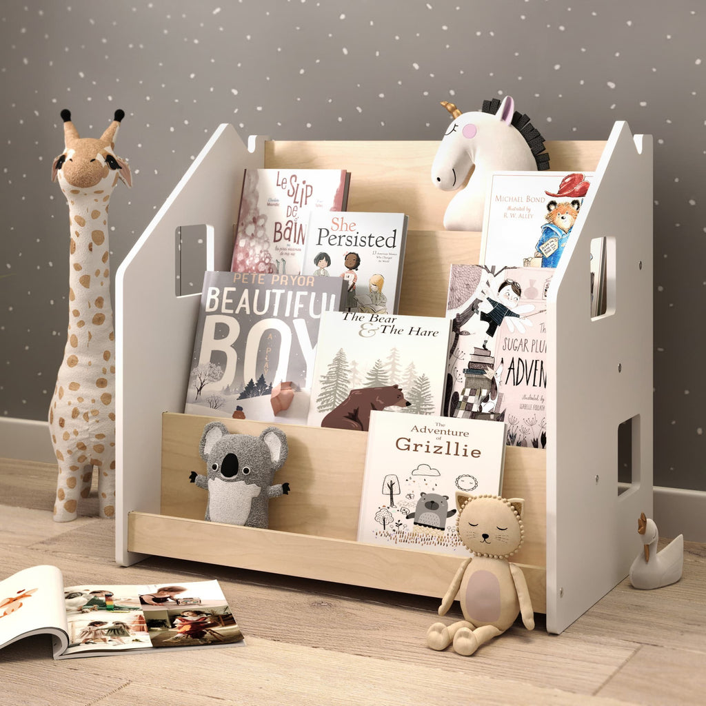 Bibliothèque frontale Montessori BusyKids, gris et blanc