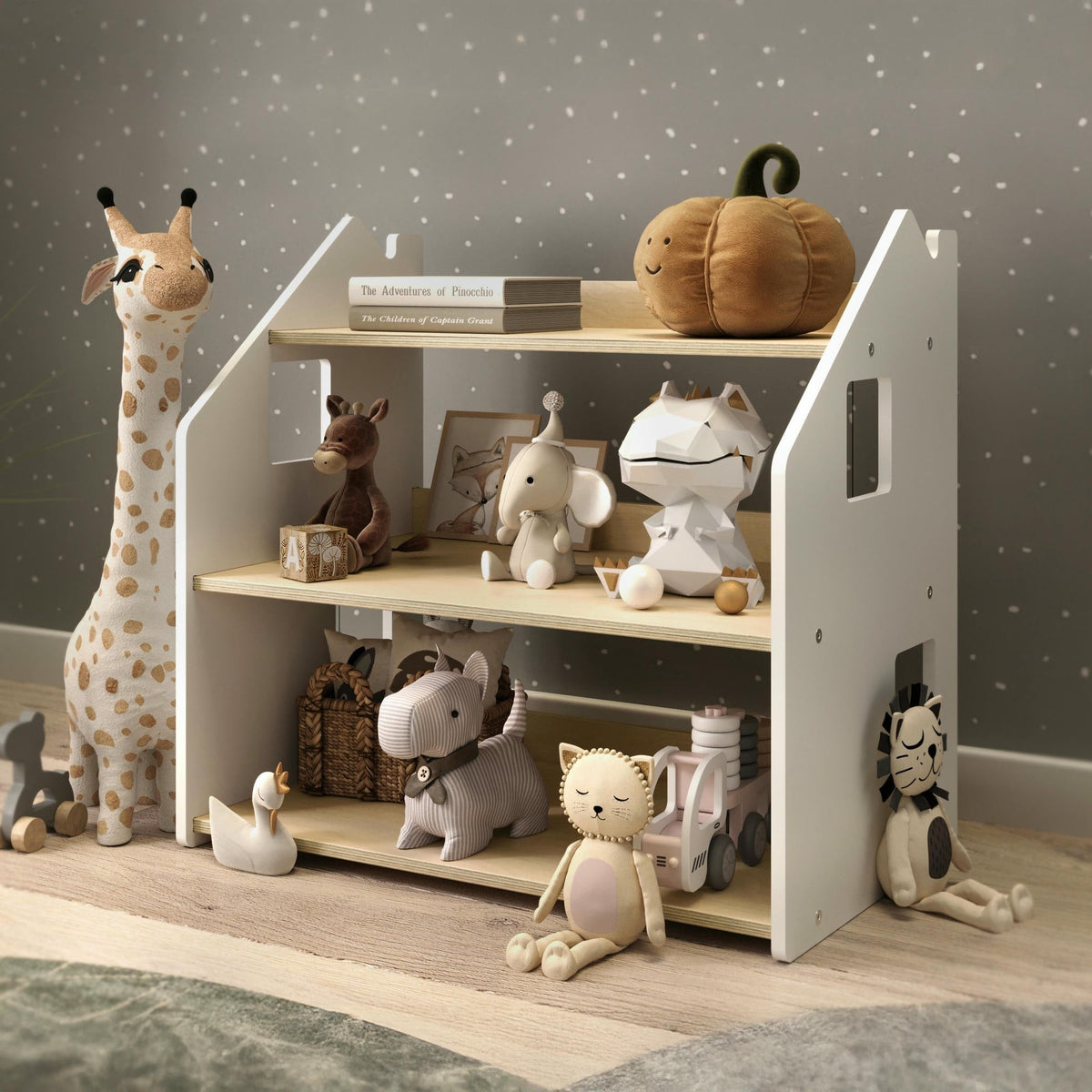Étagère à jouets Montessori BusyKids en bouleau, gris et blanc