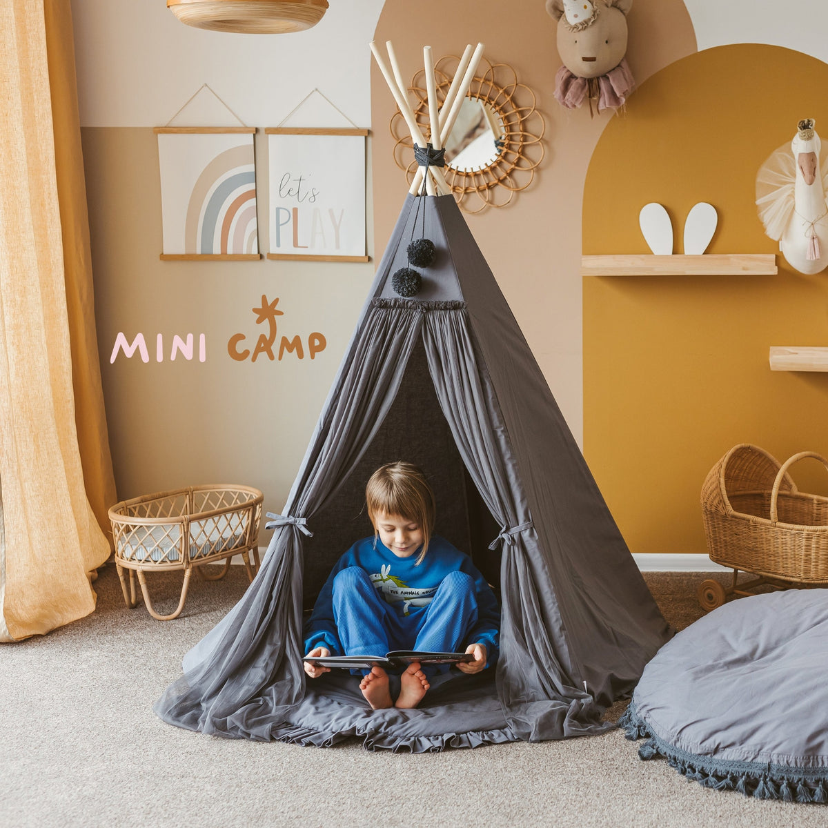 Tipi dla dzieci Fairy z tiulem szare Minicamp – widok 7
