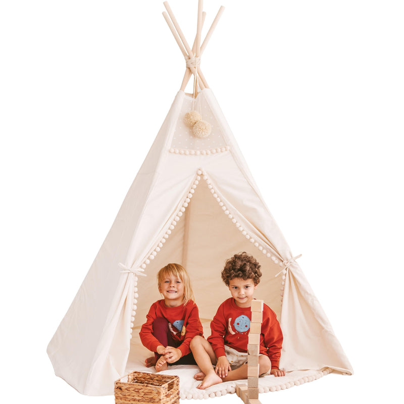 Kindertipi XL Minicamp met pompons, 200 cm, ecru