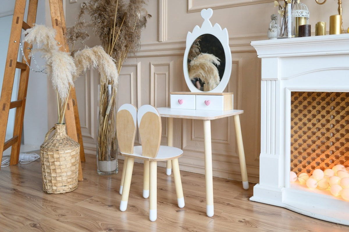 Coiffeuse enfant Family-scl Couronne avec chaise et miroir en bouleau
