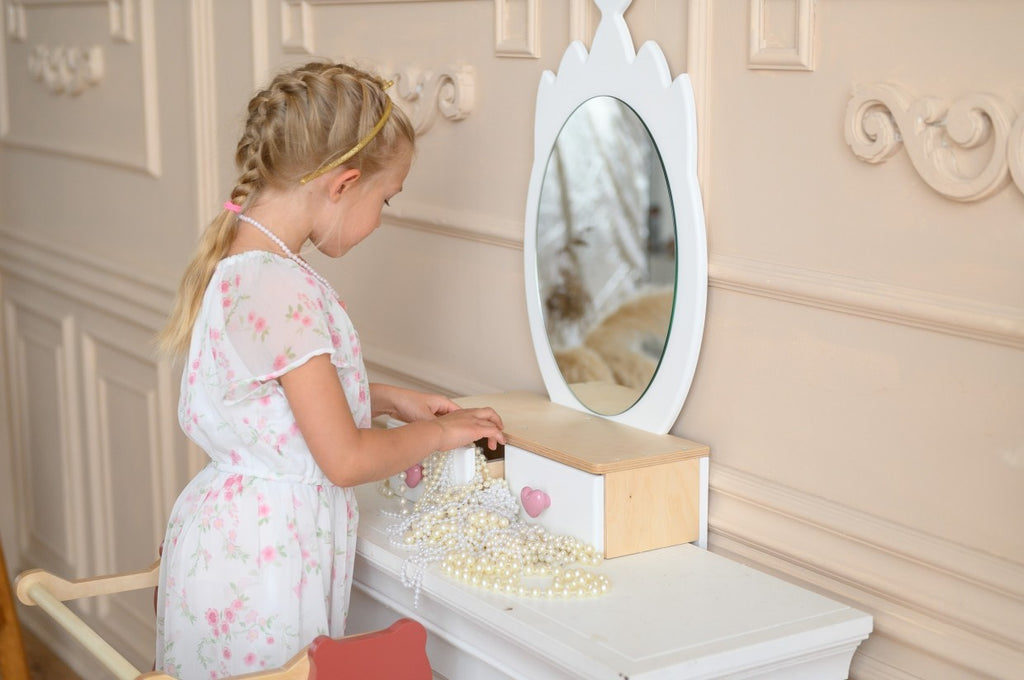 Coiffeuse enfant Family-scl Couronne avec chaise et miroir en bouleau