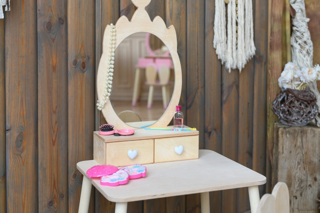 Coiffeuse enfant Family-scl Couronne avec chaise et miroir en bouleau