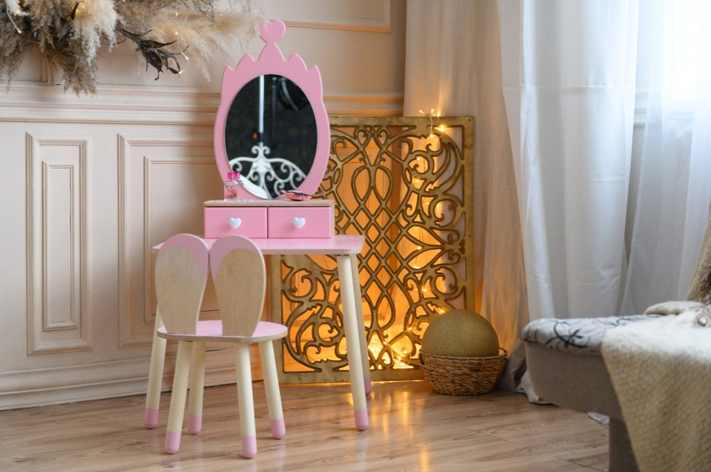 Coiffeuse enfant Family-scl Couronne avec chaise et miroir en bouleau