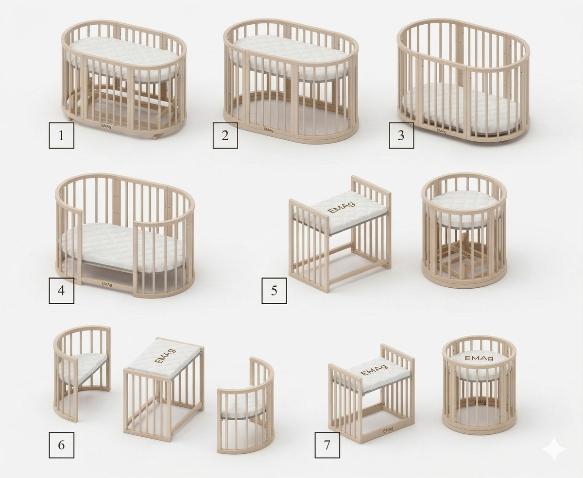 Lit bébé rond évolutif KOTTO Olin avec matelas, cappuccino