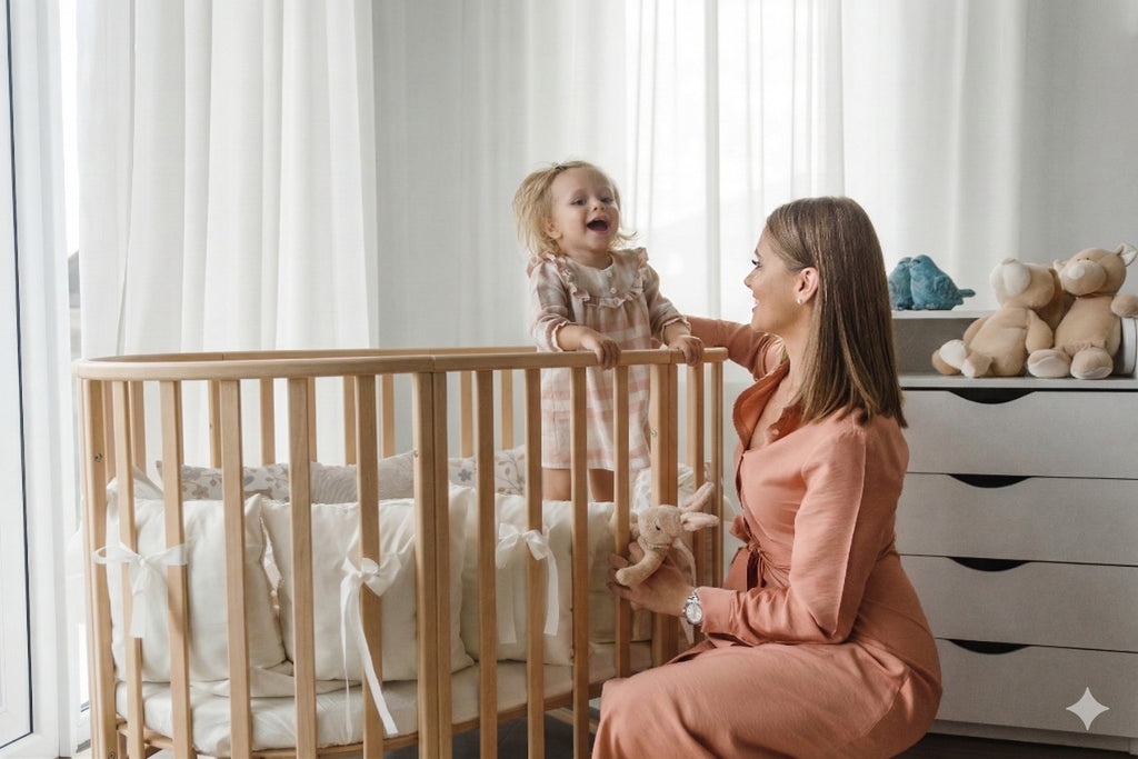 Lit bébé rond évolutif KOTTO Olin avec matelas, naturel