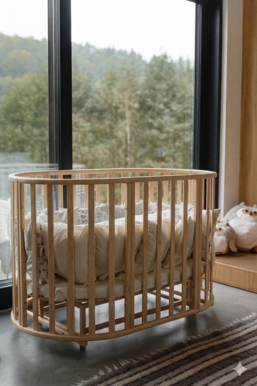 Lit bébé rond évolutif KOTTO Olin avec matelas, naturel