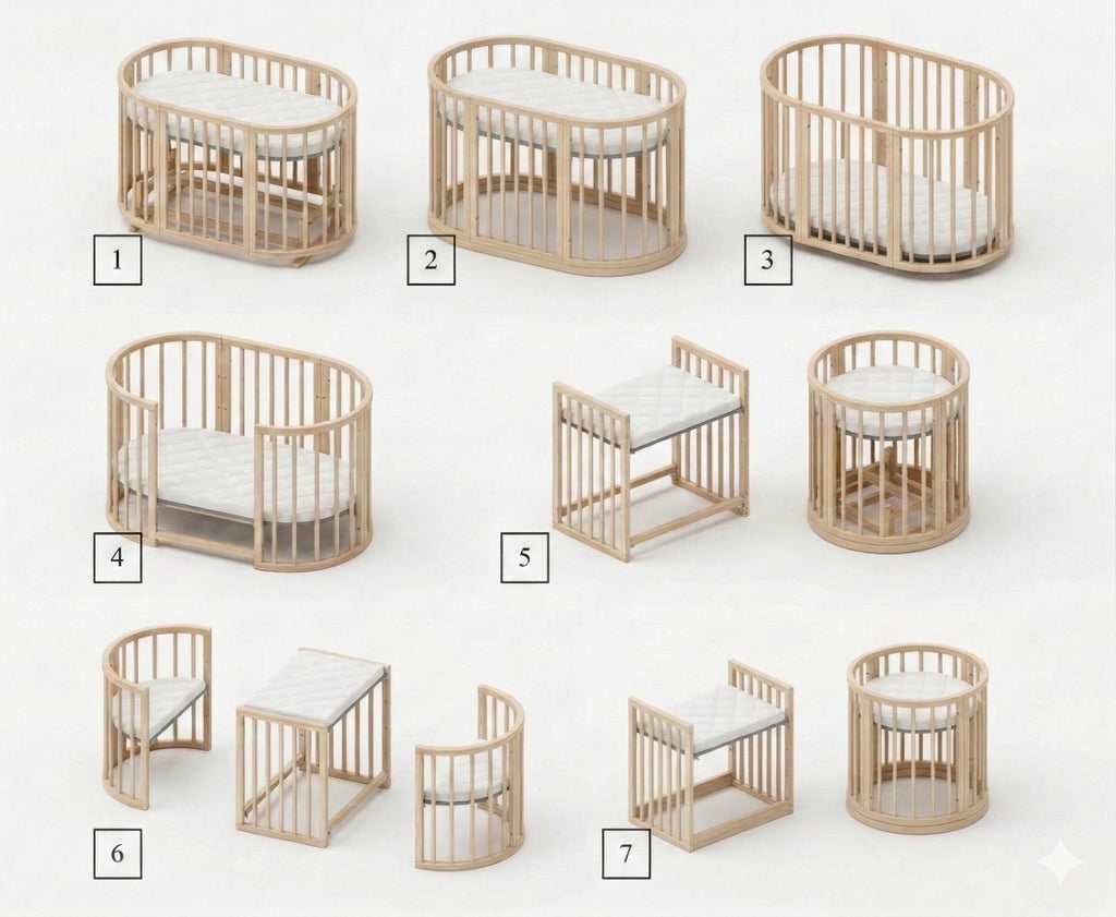 Lit bébé rond évolutif KOTTO Olin avec matelas, naturel