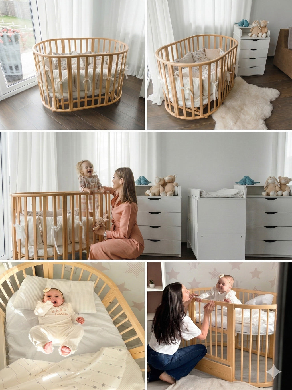 Lit bébé rond évolutif KOTTO Olin avec matelas, naturel